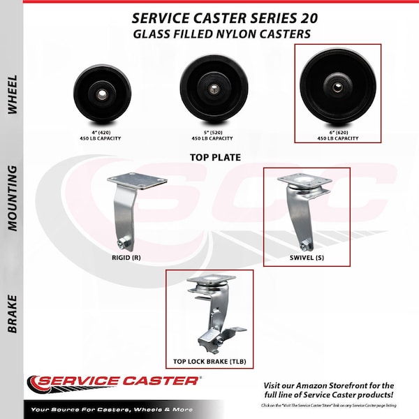6 Inch Glass Filled Nylon Caster Set with Roller Bearings 2 Brakes 2 Rigid SCC